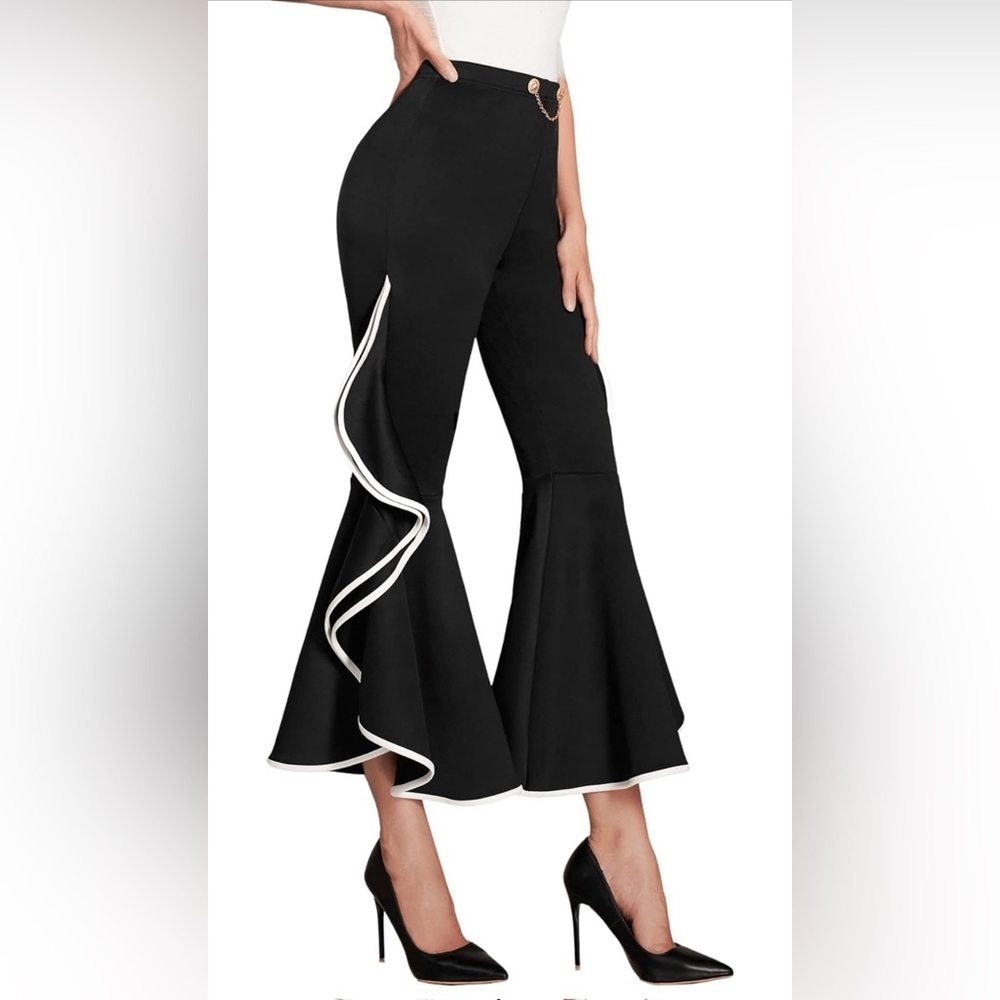 Black and White Flare Pants with Curved Stripes
